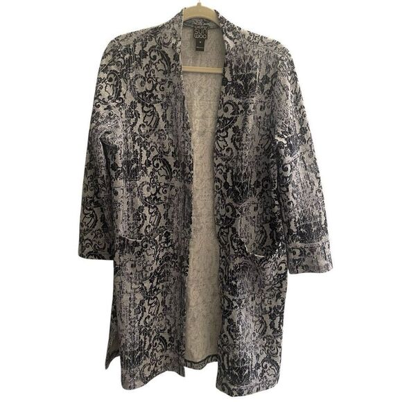 Clara Sun Woo Women’s Long Cardigan Medium Navy Blue Print Pockets Longline USA - Picture 1 of 5